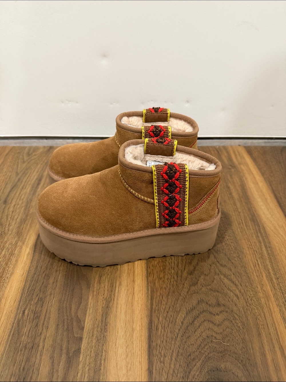 UGG Chestnut Suede Ankle Booties with Red and Yellow Accents